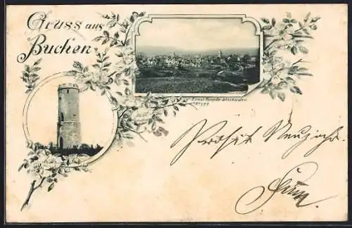 AK Buchen / Odw., Teilansicht, Turm, Blütenzweige