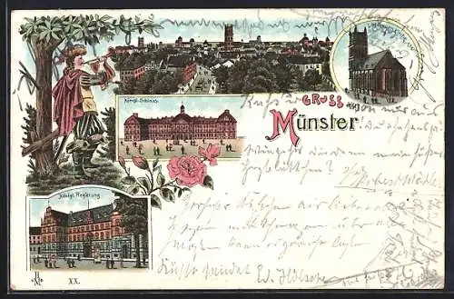 Lithographie Münster / Westfalen, Königliches Schloss, Königliche Regierung, Liebfrauen-Kirche