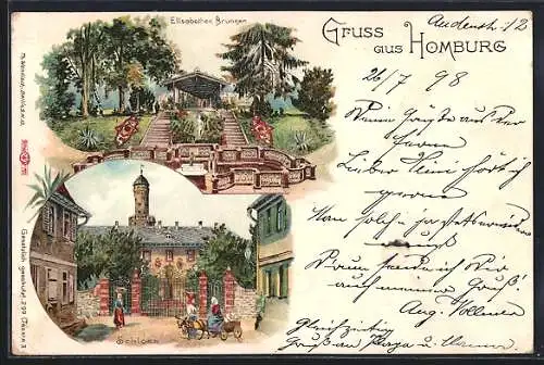 Lithographie Homburg / Höhe, Schloss, Elisabethen-Brunnen