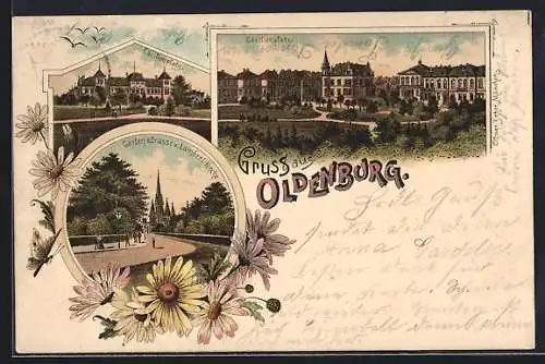 Lithographie Oldenburg / Gr., Cäcilienplatz, Gartenstrasse und Lambertikirche