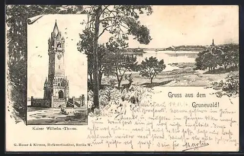 Lithographie Grunewald, Kaiser Wilhelm-Turm, Panorama