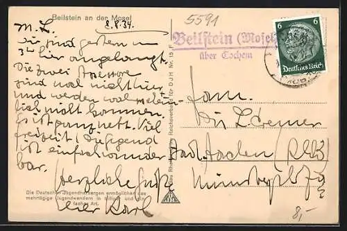 AK Beilstein an der Mosel, Häuser am Moselufer mit Blick hinauf zur Burg