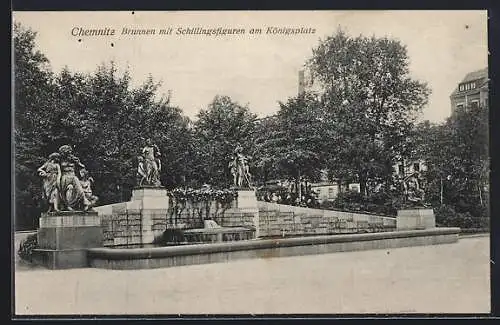 AK Chemnitz, Brunnen mit Schillingsfiguren am Königsplatz