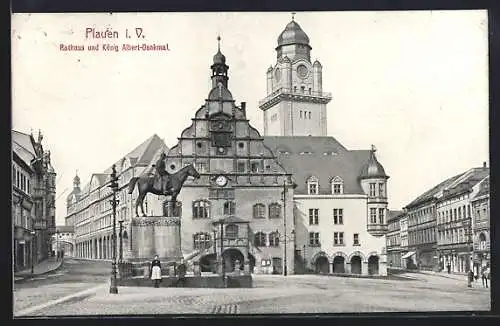 AK Plauen i. V., Rathaus und König Albert-Denkmal