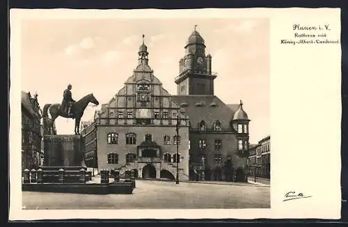 AK Plauen i. V., Rathaus mit König-Albert-Denkmal