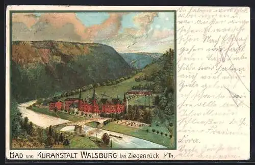 Lithographie Ziegenrück / Walsburg, Ansicht der Bad- und Kuranstalt Walsburg