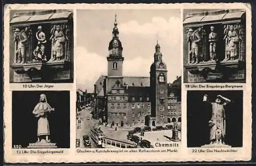 AK Chemnitz, Glockenspiel im alten Rathausturm am Markt