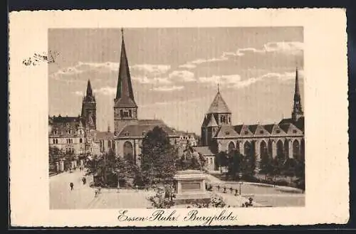 AK Essen /Ruhr, Burgplatz mit Kirche und Denkmal