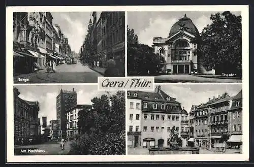 AK Gera, Theater, Am Hochhaus, Sorge, Markt mit Brunnen