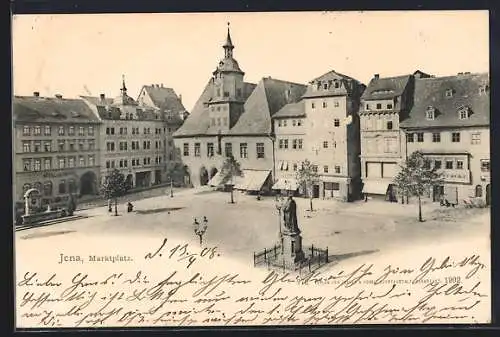 AK Jena, Marktplatz mit Hotel und Denkmal