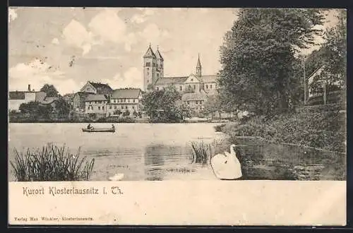 AK Klosterlausnitz, Klosterteich mit Ruderboot und Schwan