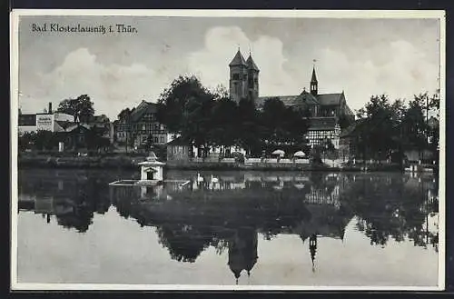 AK Bad Klosterlausnitz, Schwanenteich, Blick zur Kirche