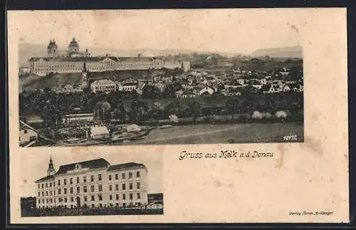 AK Melk a. d. Donau, Teilansicht mit Stift, Gebäudeansicht