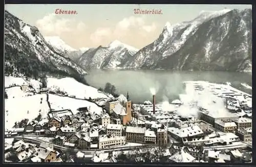 AK Ebensee, Teilansicht mit Kirche im Winter