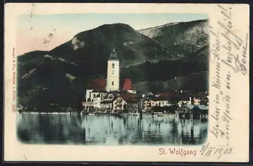 AK St. Wolfgang, Uferpartie mit Kirche