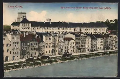 AK Steyr /Ob.-Ö., Graf Lamberg`sches Schloss mit Flusspartie