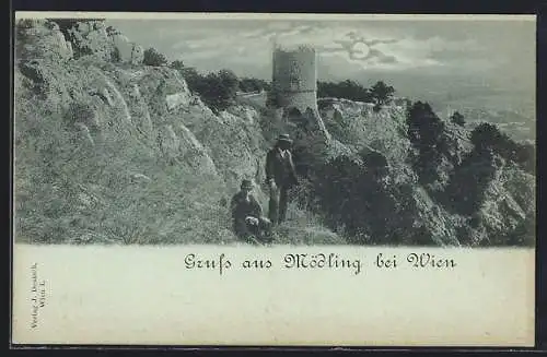 Mondschein-AK Mödling bei Wien, Panorama mit Burgruine