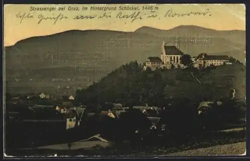 AK Strassengel bei Graz, Teilansicht mit Kirche, Im Hintergrund Schöckel