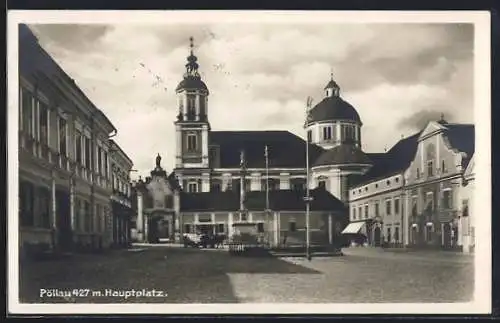 AK Pöllau, Hauptplatz mit Kirche und Denkmal