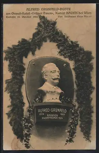 AK Baden, Alfred Grünfeld-Büste am Grand-Hotel Grüner Baum, enthüllt 1924