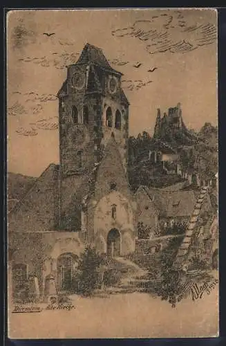 Künstler-AK Dürnstein, Alte Kirche