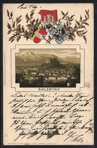 Lithographie Salzburg, Stadt gegen das Gebirge, Wappen