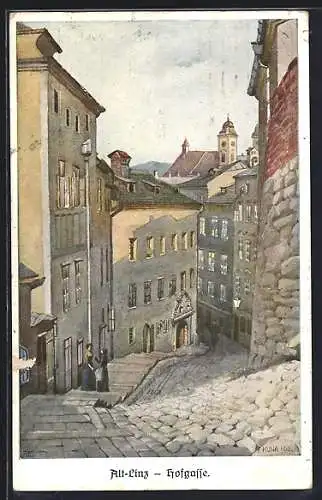 Künstler-AK Linz a. d. Donau, Frauen im Gespräch in der Hofgasse der Altstadt