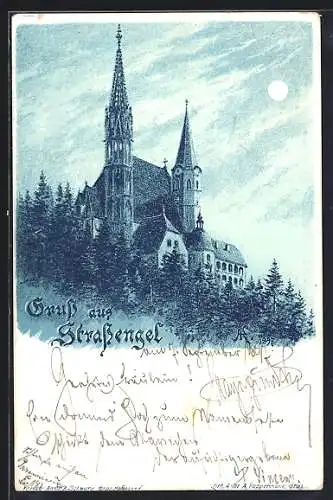 Lithographie Strassengel, Blick auf die Kirche