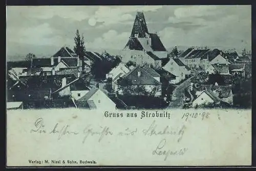 Mondschein-AK Strobnitz, Ortsansicht mit der Kirche