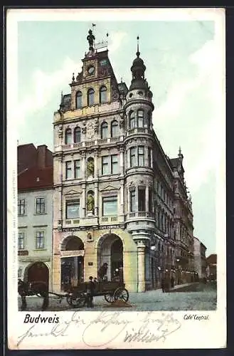 AK Budweis / Ceske Budejovice, Pferdewagen vor dem Cafe Central