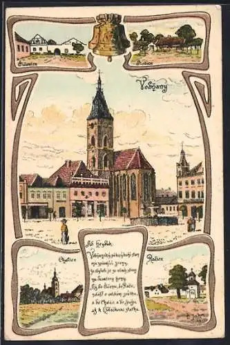 AK Vodnany, Die Kirche, Motive aus der Umgebung