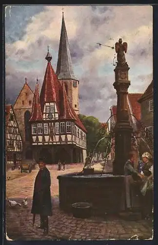 Künstler-AK Heinrich Hoffmann: Michelstadt i. O., Marktplatz mit Rathaus und Brunnen