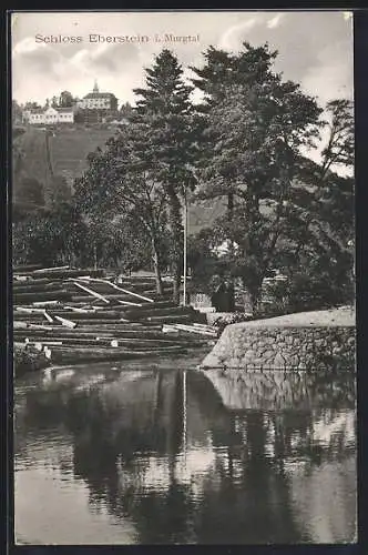 AK Eberstein i. Murgtal, Schloss und gefällte Bäume am Wasser