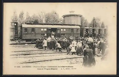 AK Lourdes, Pélerins Belges, Célébration de la Sainte Messe dans le Wagon-Hôpital, Bahnhof, Eisenbahn