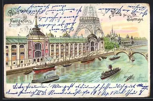 Lithographie Paris, Weltausstellung 1900, Palais für Schifffahrt, Dampfer, Brücke