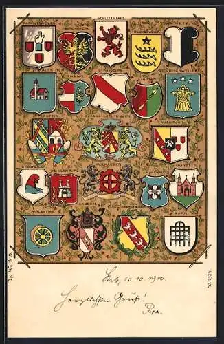 Künstler-AK Elsass-Lothringen, Wappen der Städte der Region