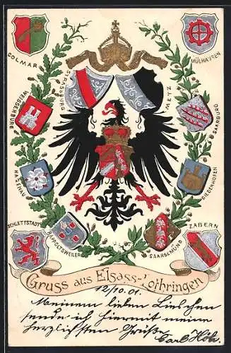 AK Wappen von Elsass-Lothringen, Städtewappen Mülhausen, Diedenhofen, Saarburg u. a.