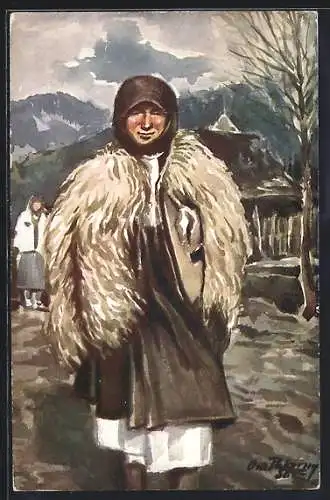 Künstler-AK ukrainische Frau mit Schafsfell über der Schulter