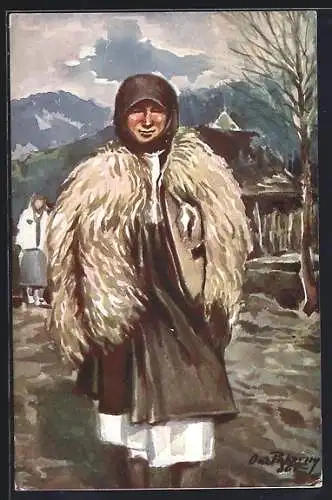 Künstler-AK ukrainische Frau mit Schafsfell über der Schulter