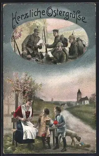 AK Ostergrüsse, Familie daheim und Soldaten im Feld