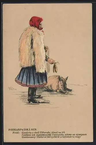 Künstler-AK ukrainisches Mädchen füttert eine Schwien