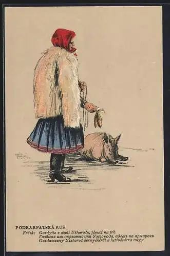 Künstler-AK ukrainisches Mädchen füttert eine Schwien