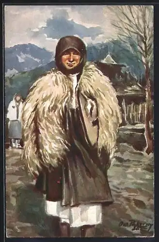 Künstler-AK ukrainische Frau mit Schafsfell über der Schulter