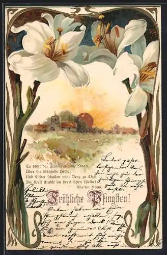 AK Aufgehende Sonne und Blumen, Jugendstil