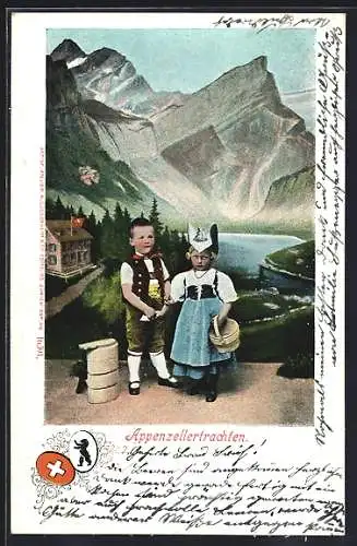 AK Schweizer Kinder in Appenzellertracht vor Bergpanorama-Kulisse