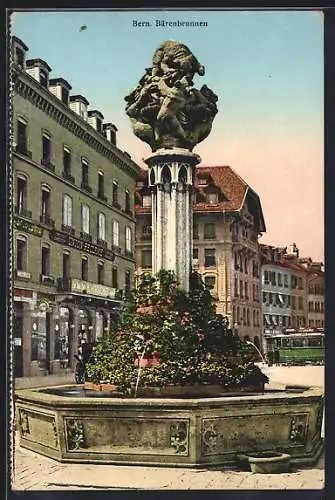 AK Bern, Bärenbrunnen und Strassenbahn mit Milka-Reklame