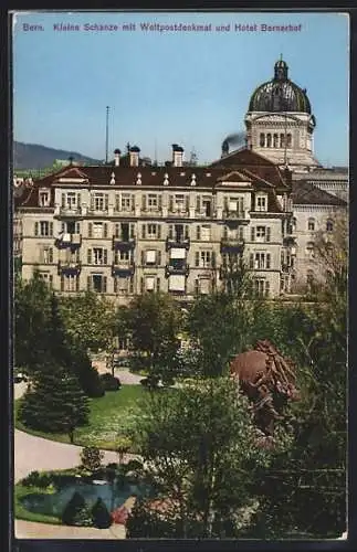 AK Bern, Kleine Schanze mit Hotel Bernerhof und Weltpostdenkmal