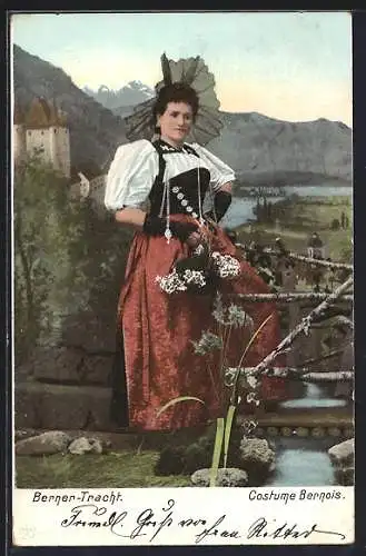 AK Junge Frau in Berner Tracht mit Blumen