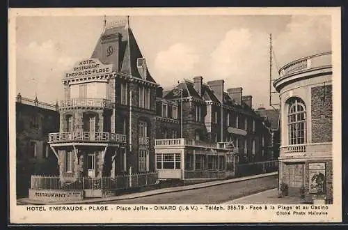 AK Dinard, Hôtel Emeraude-Plage sur la Place Joffre face à la plage et au casino