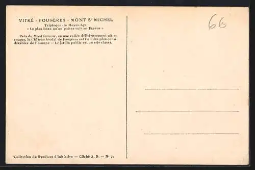 AK Fougères, Rue de la Fourchette et rue Pinterie à gauche, l`église St-Sulpice, à droite, l`entrée du Château